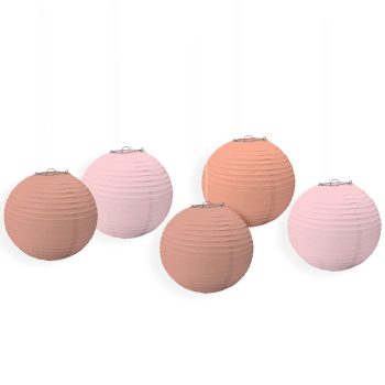 Five pink and peach paper lanterns.