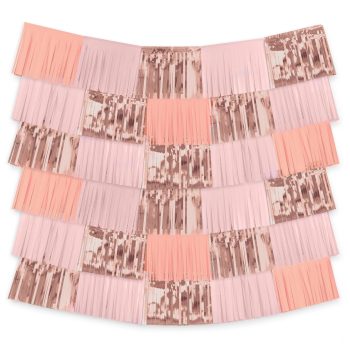 Pink and rose gold metallic fringe backdrop decoration.