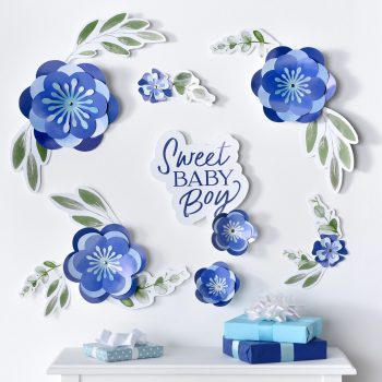 Blue floral baby shower decorations for a baby boy.