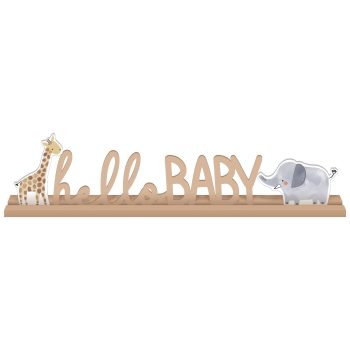 Wooden baby name sign with giraffe and elephant decorations.