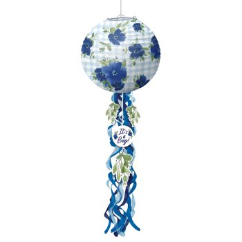 Decorative blue and white hanging lantern with floral patterns and tassels.