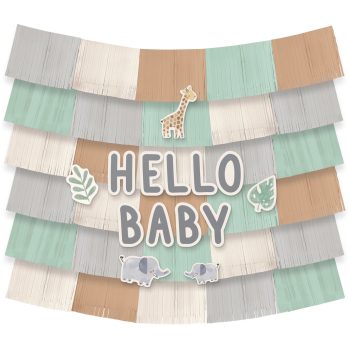 A pastel-colored baby shower banner saying 'HELLO BABY' with animal and leaf decorations.