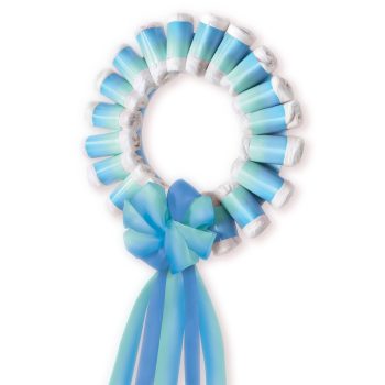 Blue ribbon rosette with hanging tails, often used for awards.