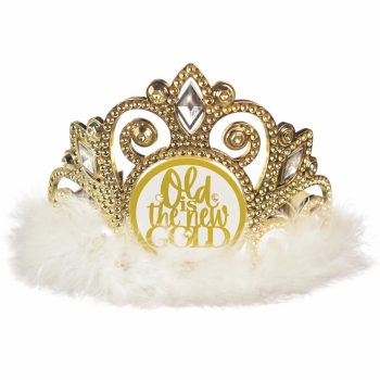 Gold tiara with "Old is the New Gold.