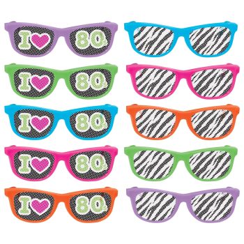 Colorful sunglasses with "I ♥ BOY" and striped designs.