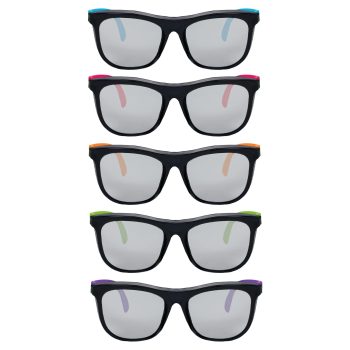 Five pairs of sunglasses with different colored accents on the temples.