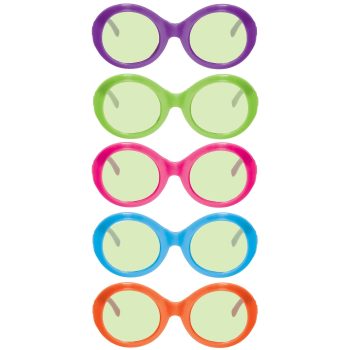 Five colorful pairs of round sunglasses stacked vertically.