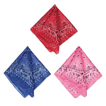 Three colorful bandanas in red, blue, and pink with paisley patterns.