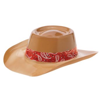A tan cowboy hat with a red bandana-style hatband.