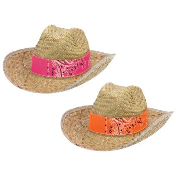 Two straw cowboy hats with colorful bandanas.
