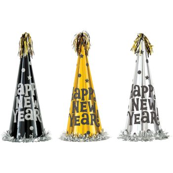 Happy New Year Large Cone Hats Assortment - Black, Silver & Gold 12ct