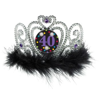 Silver tiara with "40" and black feathers.