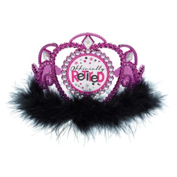 A pink glittery tiara with black feather trim and a '10/10' badge.
