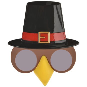 Cartoon turkey face with pilgrim hat.
