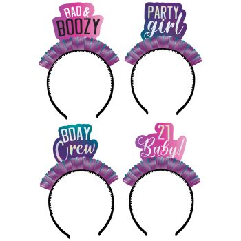 Colorful party headbands with playful text designs.