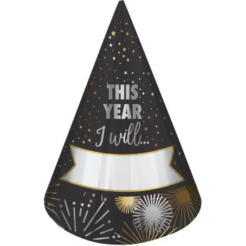 Black, Silver & Gold Fill-In New Year's Resolution Party Hats, 8ct