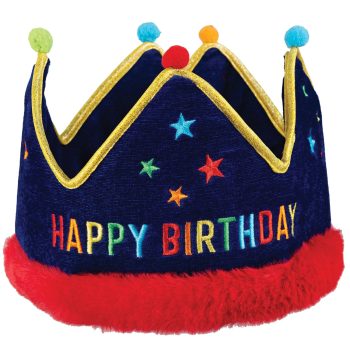 Birthday crown with colorful stars and pom-poms.