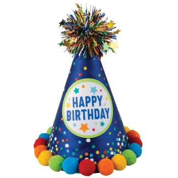 Blue Confetti & Pom-Pom Birthday Party Hat, 6.25" x 8.25"