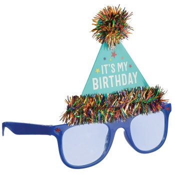 Birthday glasses with colorful party hat.