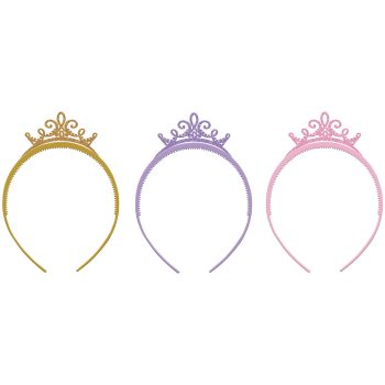 Three colorful tiara headbands on display.