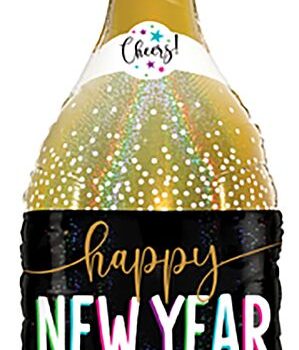 A festive New Year champagne bottle graphic with colorful confetti.
