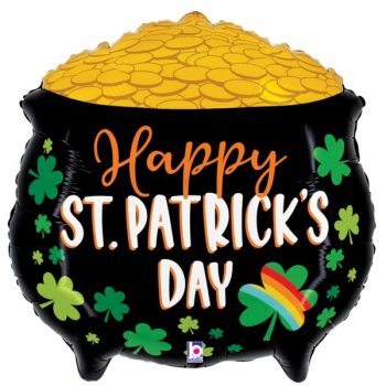 Colorful St. Patrick's Day pot filled with gold coins.