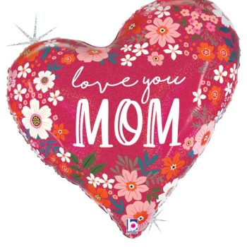Heart-shaped balloon with floral design and 'Love you Mom' message.
