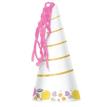 Unicorn-themed party hat with floral design.
