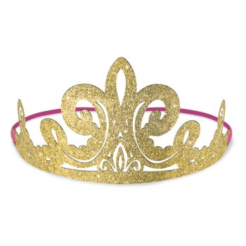 Gold glitter tiara with pink band.