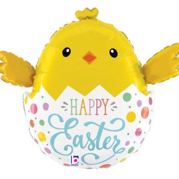 Yellow chick balloon with "Happy Easter" text.