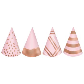 Four pink and rose gold party hats with different patterns.