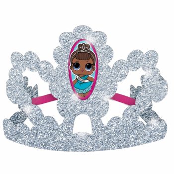 Sparkly silver tiara with cartoon character image.