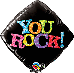 Colorful 'YOU ROCK!' message on a black balloon.