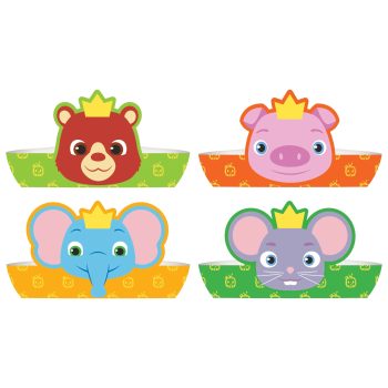 Animal-themed party hats with crowns illustration.