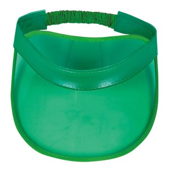 Green plastic sun visor with adjustable strap.