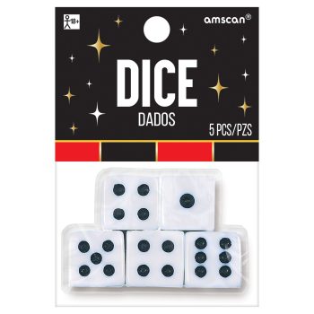 A pack of five white dice with black dots in transparent packaging.