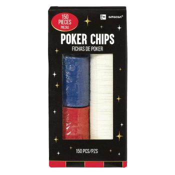 A pack of red, blue, and white poker chips in a black box.