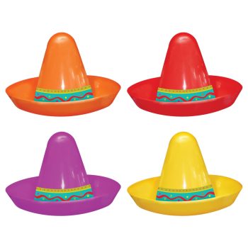Four colorful sombrero hats in orange, red, purple, and yellow.