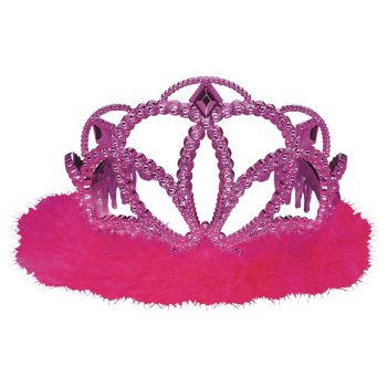 Pink jeweled tiara with fluffy trim.