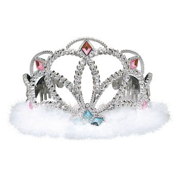 Silver tiara with pink and blue gems.