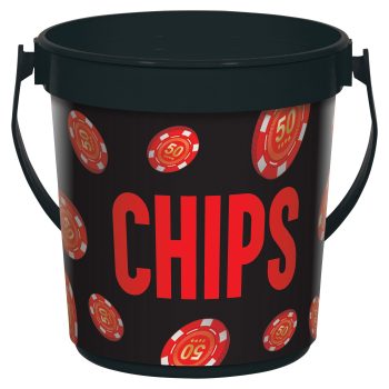 Black bucket labeled 'CHIPS' with poker chip designs.