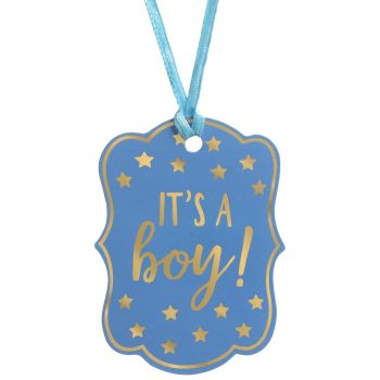 Blue baby shower tag with "It's a boy!" and gold stars.