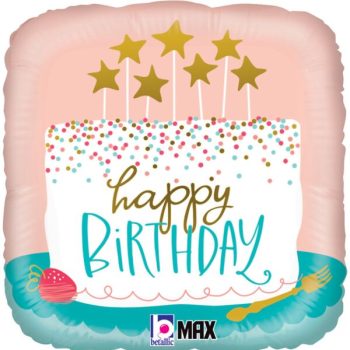 Birthday cake balloon with star candles.
