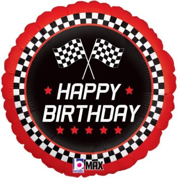 Racing-themed "Happy Birthday" balloon with flags.