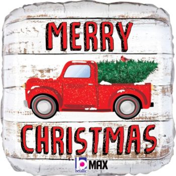 Red truck with Christmas tree balloon.