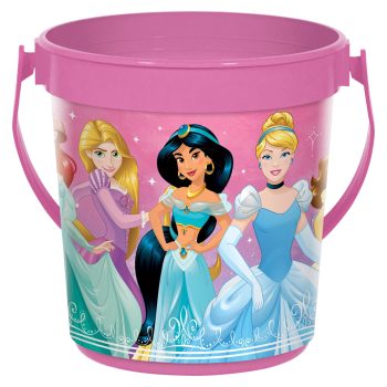 Pink bucket with cartoon princesses design.