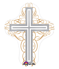 Elegant silver cross with golden ornamental swirls.