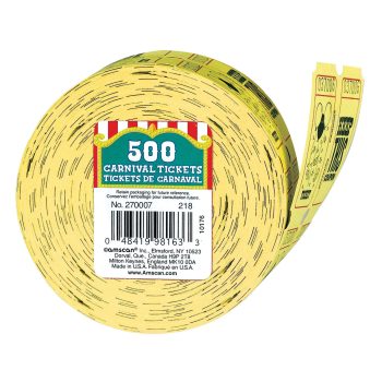 Roll of 500 yellow carnival tickets with black text.