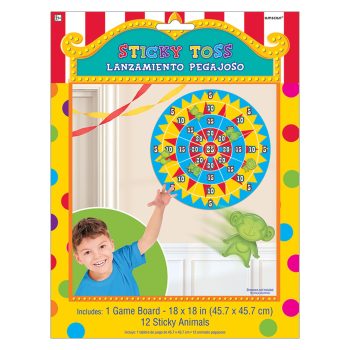 Colorful circus-themed play tent for kids with a boy inside.