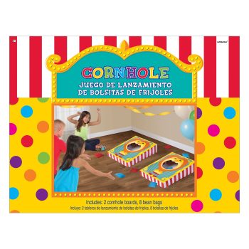 Colorful ring toss game set with polka dot packaging and rings.